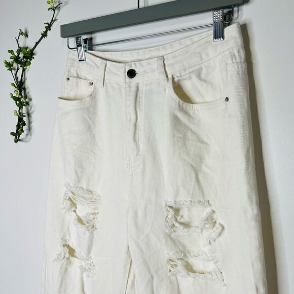Shein White Wide Leg Jeans Y2K Loose Baggy Distressed Holes - Picture 2 of 12